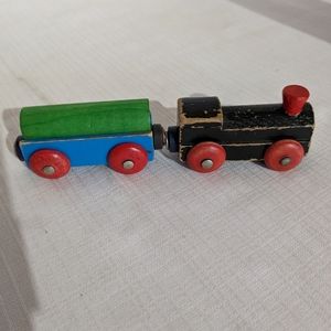 VTG Wooden Train Engine,log hauler w/log  toy wood wheels Thomas Brio compatible